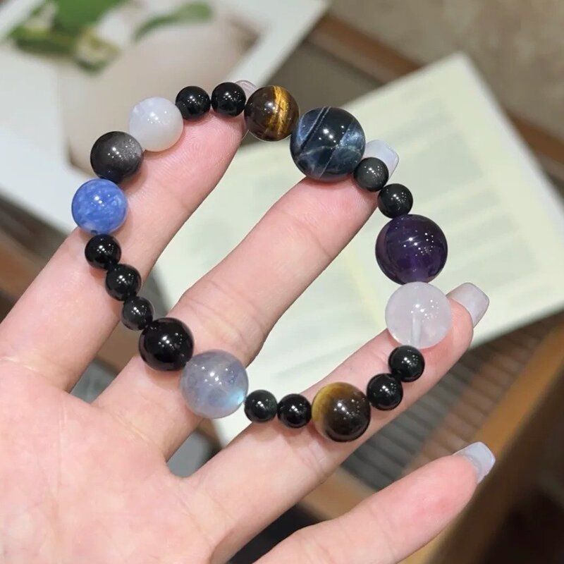 【暗夜极光】天然蓝晶石灰月光手串虎眼黑曜石手链送男友手串小众