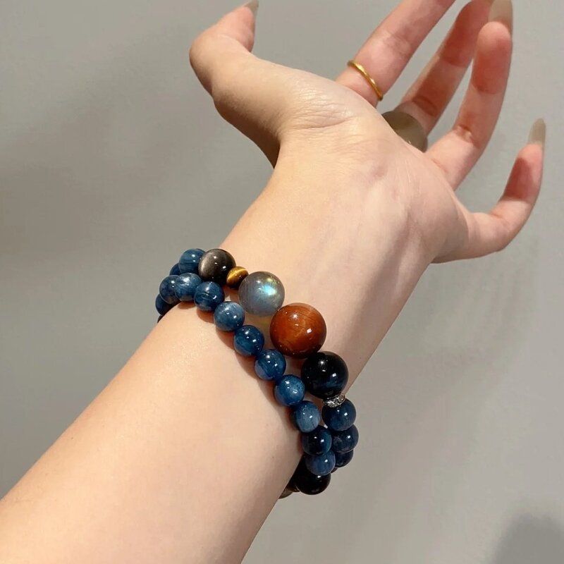 天然蓝晶石灰月光水晶手串女红虎眼银曜石手链男女同款送朋友