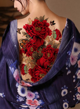KING纹身贴 防水女持久 影楼超大图古装写真 红色牡丹花 后背