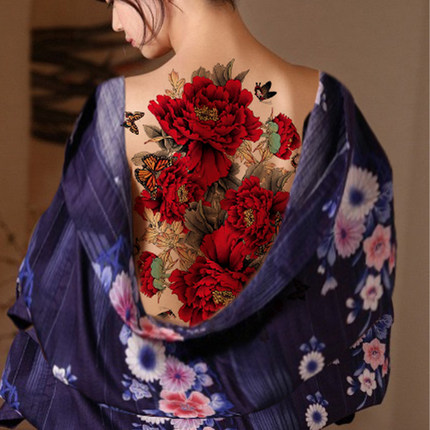 KING纹身贴 防水女持久 影楼超大图古装写真 红色牡丹花 后背