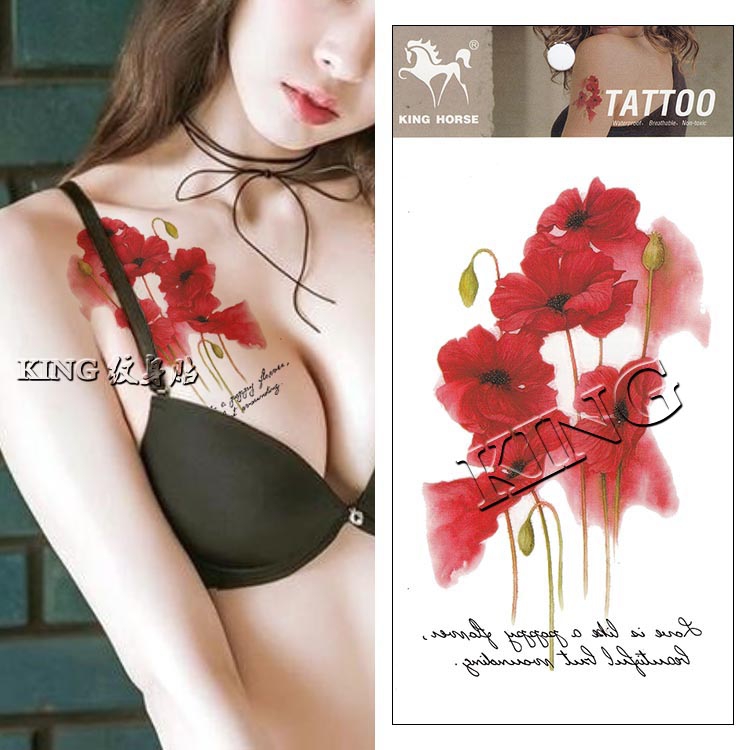 KING纹身贴 防水女持久 罂粟花 性感 脚踝 遮疤痕 锁骨纹身贴纸