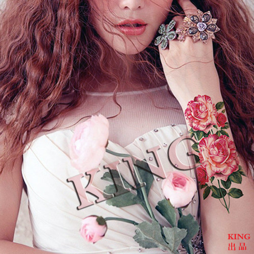 2015新款KING纹身贴纸 防水女大图 红色 牡丹花 影楼写真花臂