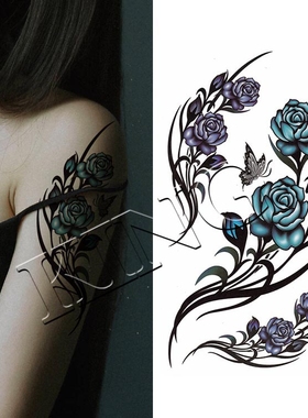KING纹身贴纸 防水 女持久 蓝色紫色玫瑰花图腾  遮瑕 疤痕 性感