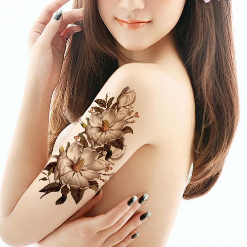 2015新款KING纹身贴纸 防水女 褐色 花 影楼写真大图花臂