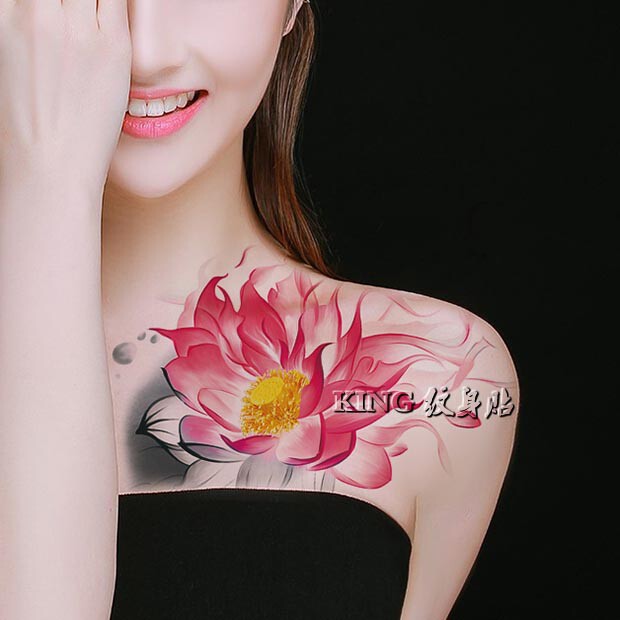 king创意纹身贴 防水女持久 原创水彩水墨荷花 性感莲花佛刺青
