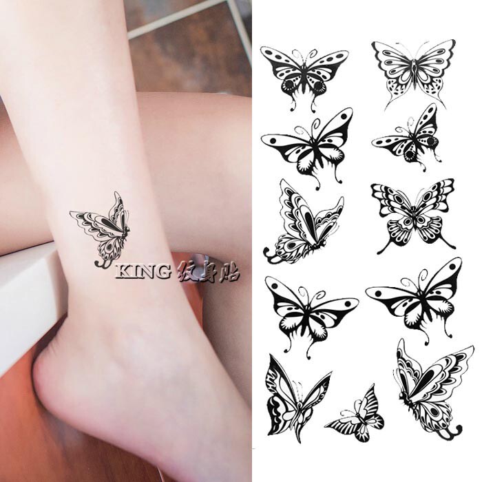 king纹身贴 防水女持久 黑白蝴蝶 小清新 脚踝 锁骨纹身贴纸