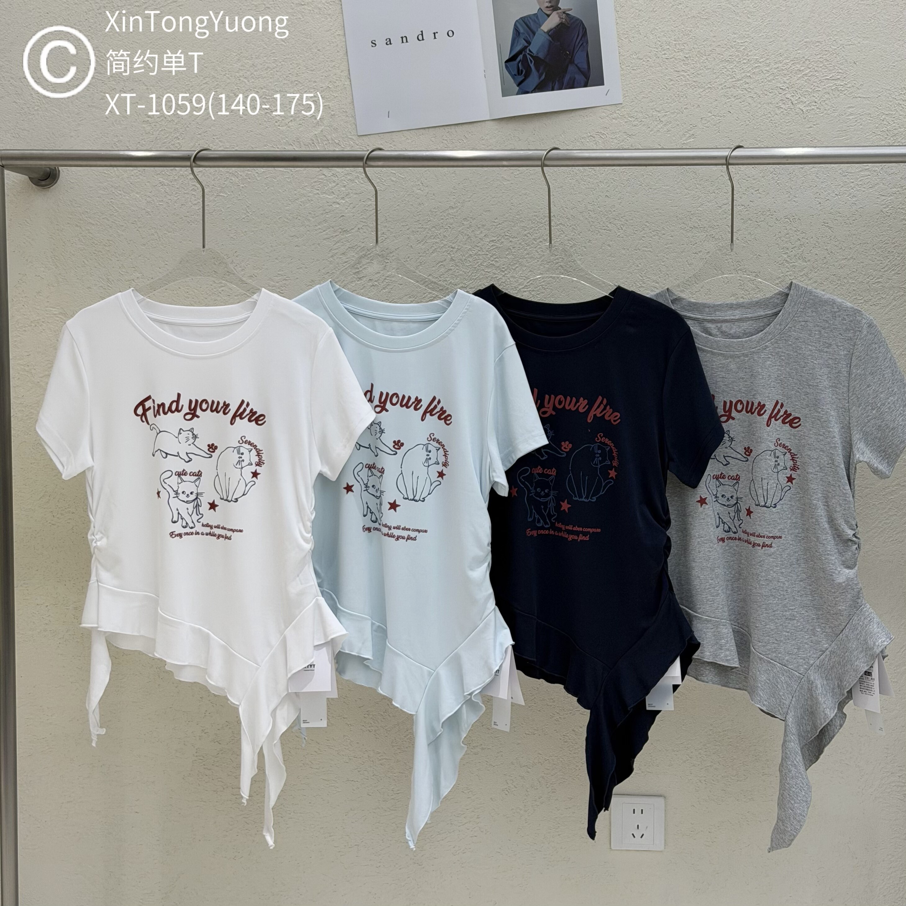 中大童女童短袖2026夏新款时尚不规则荷叶边猫咪印花短袖T恤1059