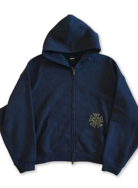 iAcro周年限定秋冬新款街头短版拉链开衫加绒印花帽衫藏蓝