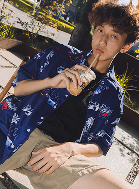 iAcro SS/21 春夏美式文化百搭街头潮流宽松夏威夷藏蓝色衬衫