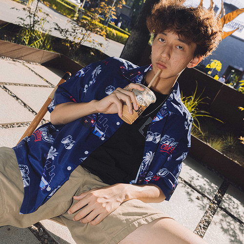 美式文化街头夏威夷藏蓝色衬衫