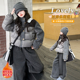 女童夹棉加厚棉袄2025冬季新款中大童短款拼色棉服羊羔毛拼接外套