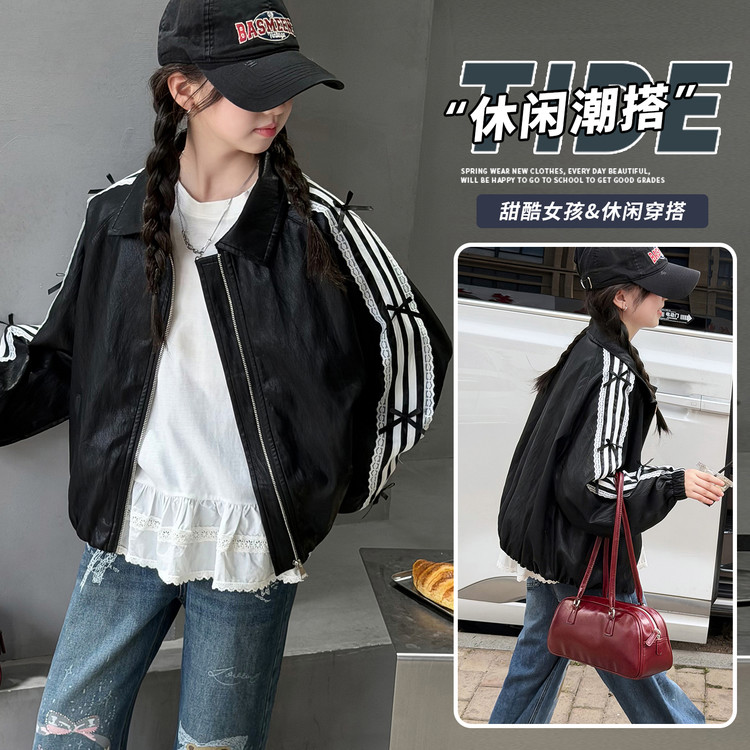 女童翻领外套春秋新款大童黑色运动夹克白条纹蝴蝶结儿童休闲上衣图片