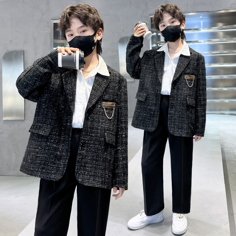 男童黑金铁牌小香风西装外套2024新款时髦洋气儿童帅气西服套装潮