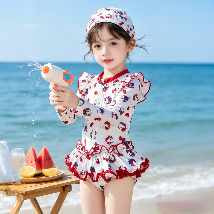 女童卡通连体泳衣红白撞色显瘦遮肉防走光中大童温泉套装儿童夏装