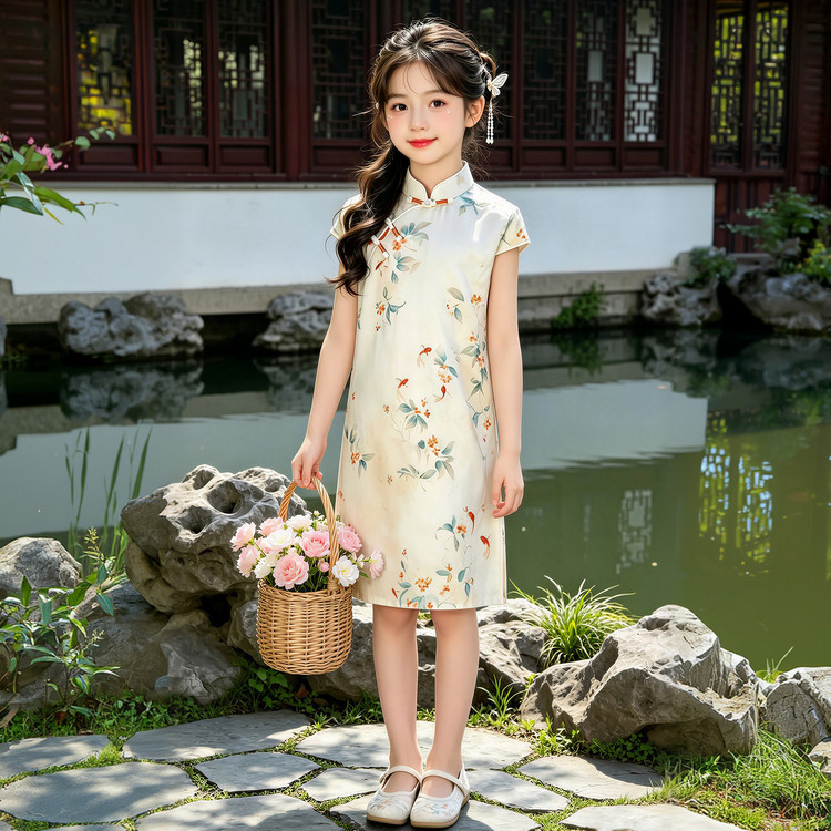 米白碎花单层雪纺短旗袍夏季女童湖边短袖简约治愈系古风连衣裙潮