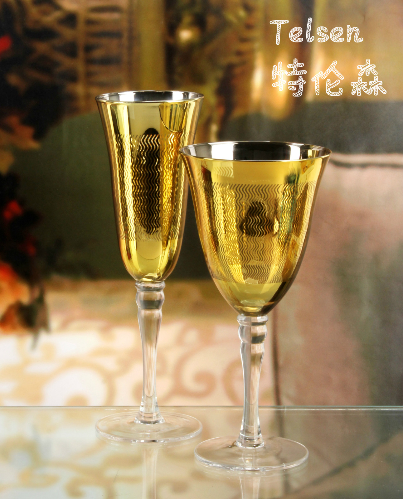 家潮家居 样板间软装饰品电镀黄金波浪精美香槟杯红酒玻璃酒杯