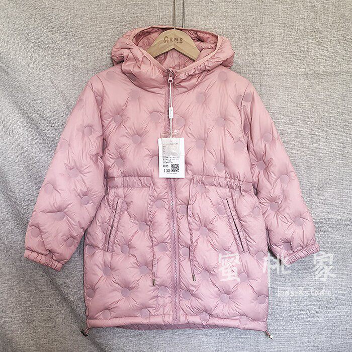 反季清仓女童粉色中长款连帽羽绒羽绒服