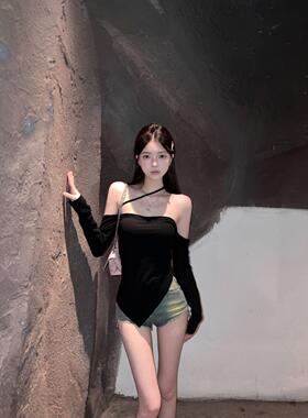 Lovedeath【日落香槟】韩系辣妹一字肩长袖上衣女+复古做旧牛仔裤