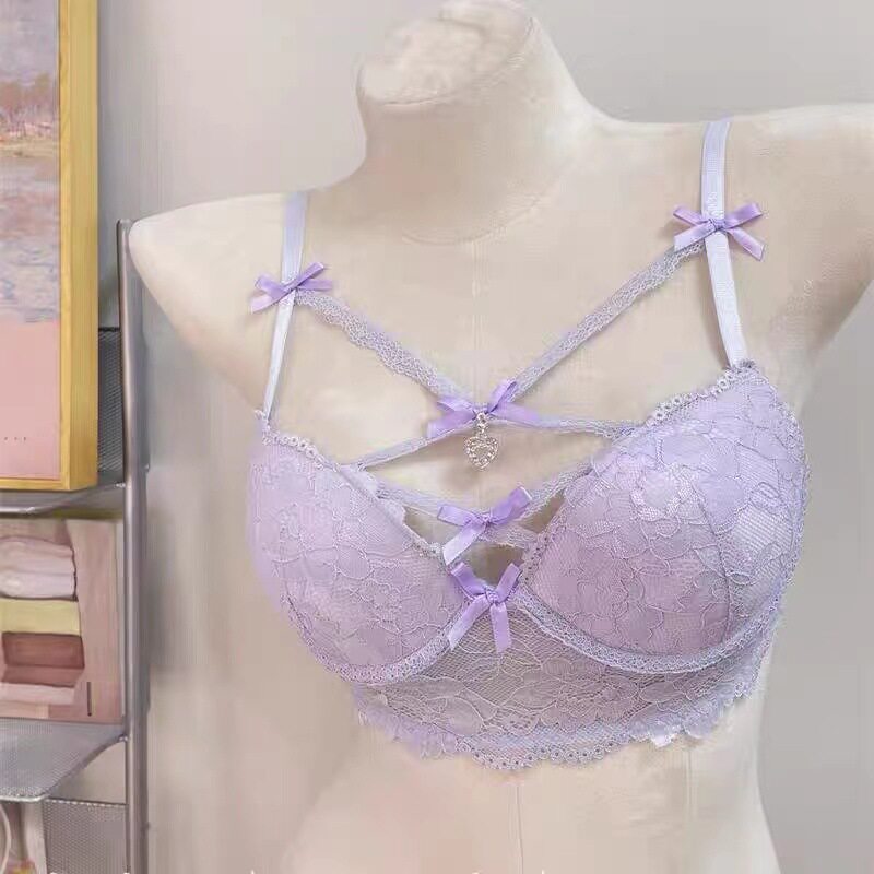 fuyychoic蕾丝紫色内衣性感带钢圈聚拢文胸纯欲少女套装显大