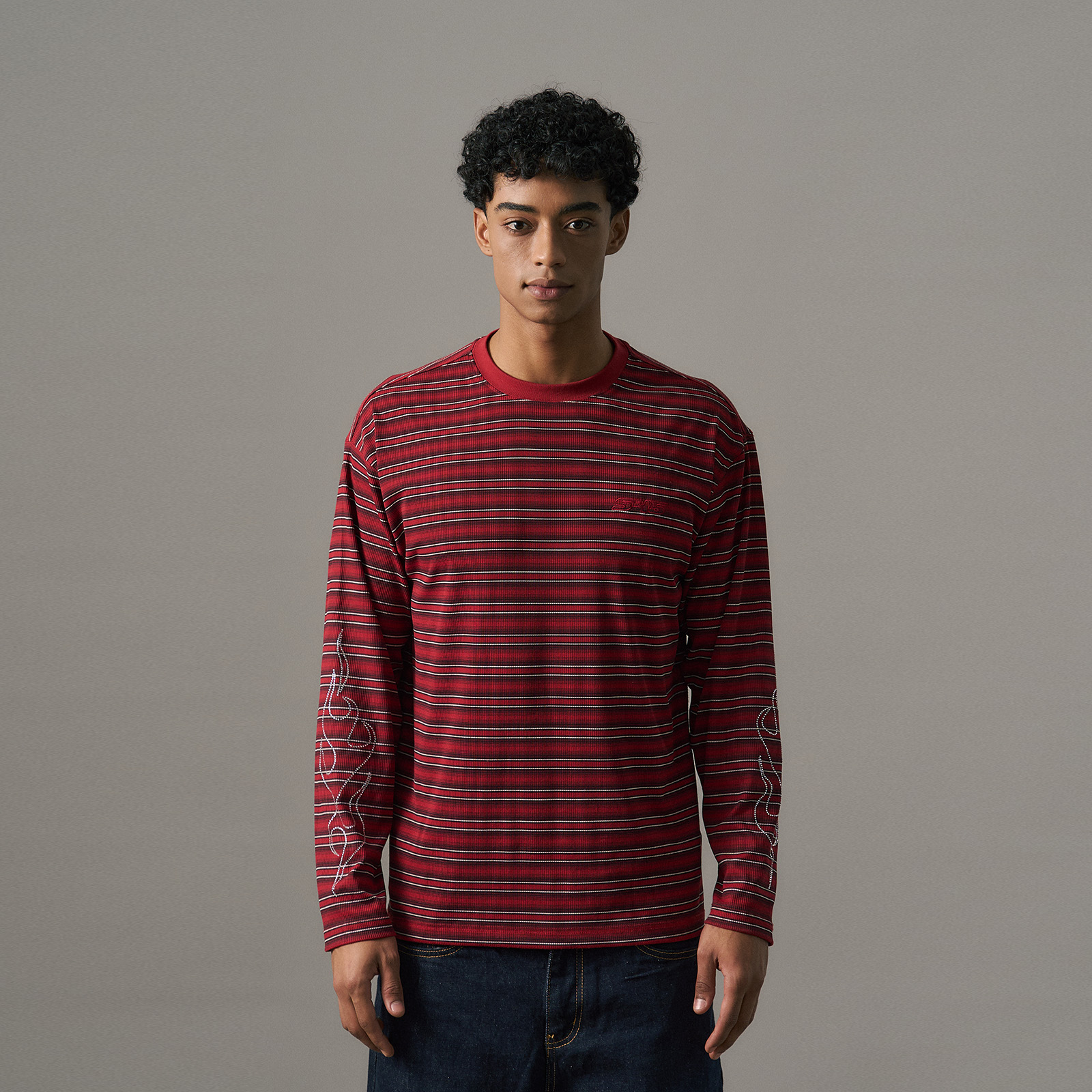 s45红色基础条纹长袖T恤显白美式复古圆领宽松打底上衣男女同款