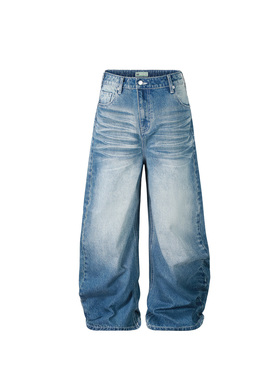 s45 斜门襟弯刀牛仔裤纯色阔腿裤男秋季美式街头宽松长裤