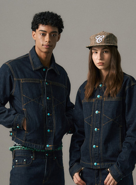 s45丹宁牛仔原牛定制仿绿松石牛仔夹克正肩短宽夹克外套