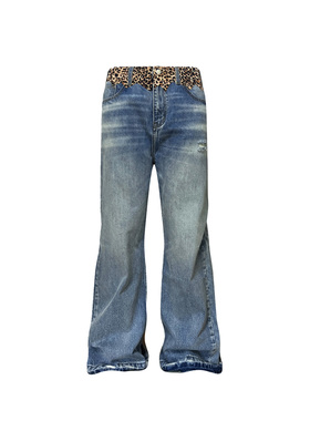 【王安宇同款】s45豹纹拼贴微喇牛仔裤水洗直筒微阔长裤休闲下装