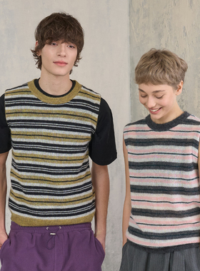 s45双色条纹圆领针织毛衣含30%羊毛休闲背心无袖坎肩马甲