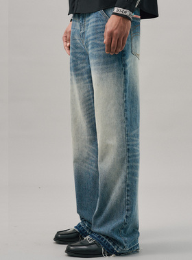s45 民族风袋唇浅色牛仔裤男女秋冬新款百搭宽松长裤
