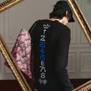 s45【加冕系列】复古印花修身收腰长袖打底弹力竖条纹肌理t恤