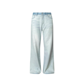 s45冰蓝翻转水洗拼接直筒微喇牛仔裤