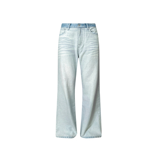 s45冰蓝翻转水洗拼接直筒微喇牛仔裤