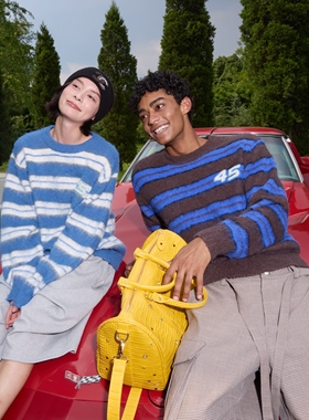 【张呈同款】s45双色条纹珍珠圆领毛衣含羊毛套头外套男女情侣款