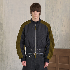 s45短款绿色植绒拼接撞色空军ma-1廓形弯刀袖裁剪修身飞行夹克