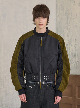 s45短款绿色植绒拼接撞色空军ma-1廓形弯刀袖裁剪修身飞行夹克