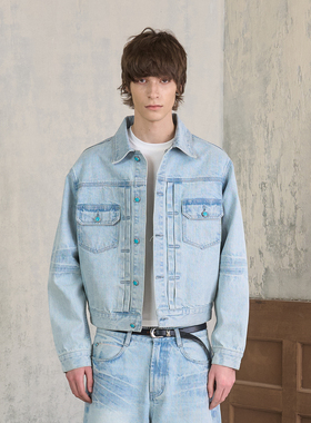 s45浅蓝水洗鬼爪猫须棉质休闲生活系牛仔夹克