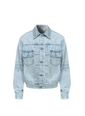 s45浅蓝水洗仿绿松石鬼爪猫须棉质休闲生活系百搭牛仔夹克男女款