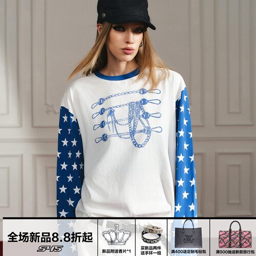 S45五角星拿破仑印花插肩长袖T恤