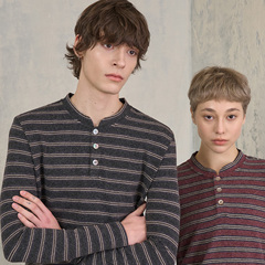 s45德绒绒感条纹亨利领长袖T恤简约通勤基础男女同款