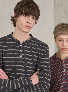 s45德绒绒感条纹亨利领长袖T恤简约通勤基础男女同款