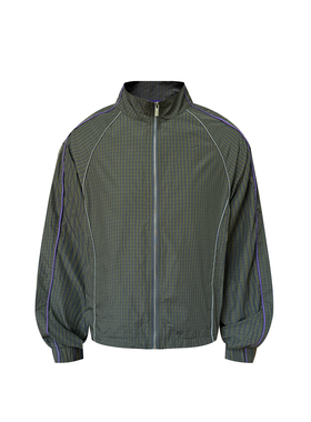 s45春夏格纹复古梭织插肩长袖夹克紫色条纹拉链立领外套男女