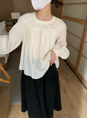 2024早春新款9roove圆领褶皱长袖衬衫女上衣OVERRICH小众设计衬衣