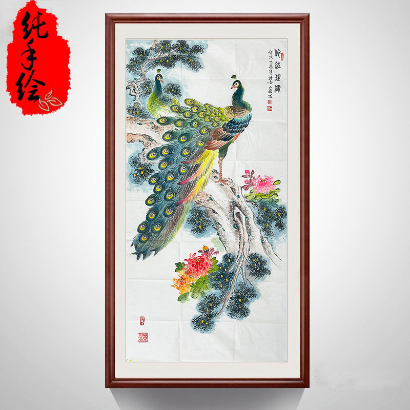 名家纯手绘真迹唐山泉作品四尺竖幅国画孔雀图依红理绣字画收藏