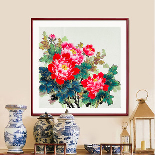 纯手绘国画牡丹无落款四尺斗方精品牡丹花开富贵玄关装饰挂画