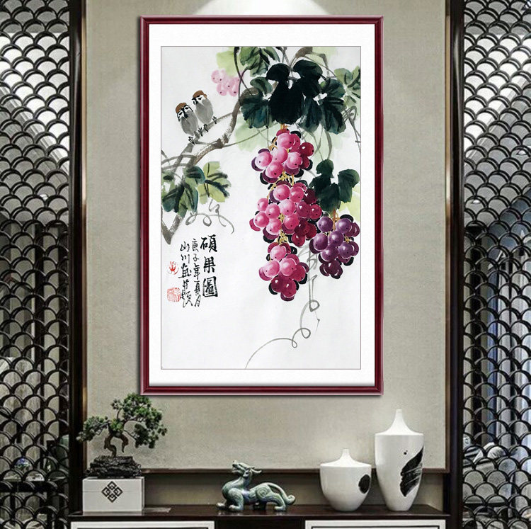 名家纯手绘真迹水墨花鸟画竖幅葡萄小鸟硕果图餐厅书房玄关装饰画