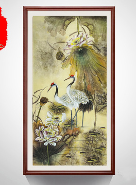 手绘真迹原稿四尺竖幅精品工笔荷塘荷花双鹭图 玄关装饰画X28067