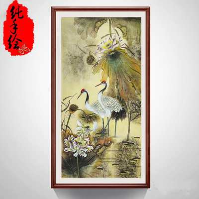 手绘真迹原稿四尺竖幅精品工笔荷塘荷花双鹭图 玄关装饰画X28067