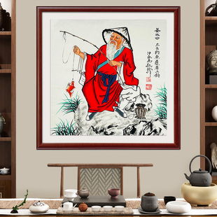 秦敬斌人物画手绘真迹斗方姜太公钓鱼图愿者上钩书房玄关风水挂画