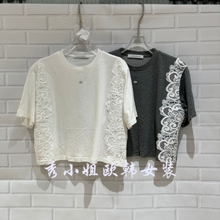 欧洲站2026春季 T恤女宽松显瘦潮70332 新over百搭圆领拼接蕾丝短袖