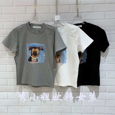 欧洲站2026春季新over时尚百搭圆领趣味卡通小狗印花短袖潮70210